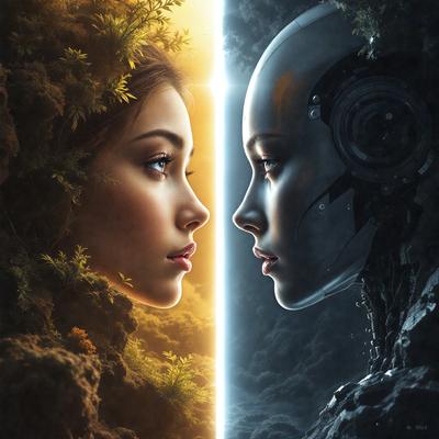 The primary subject of the image is a woman with a robot face. The setting is a forest, with the woman and the robot face positioned in the center of the scene. The visual style is digital art, as the woman and the robot face are depicted in a digital manner. The colors and mood of the image are predominantly dark, with the woman and the robot face being the main focus.